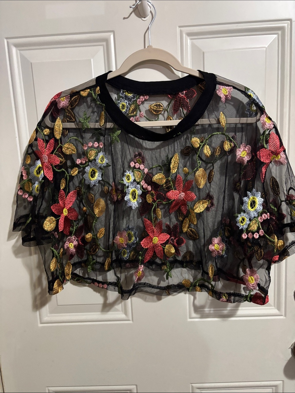 Sheer Black Embroidered Floral Crop Top